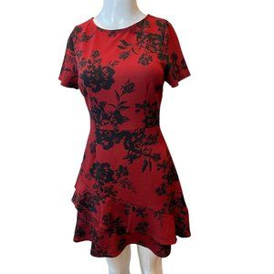 Speechless Womens Floral Fit & Flare Dress Layered Hem Round Neck Red Black SZ S